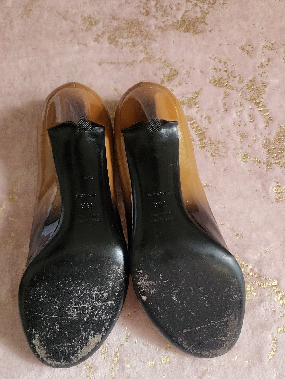 PRADA | Two-Tone Brown Patent Peep-Toe Heels with Bow - Picture 11 of 13